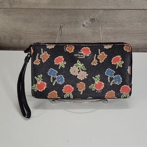 Coach Black Floral Leather Zip Wristlet